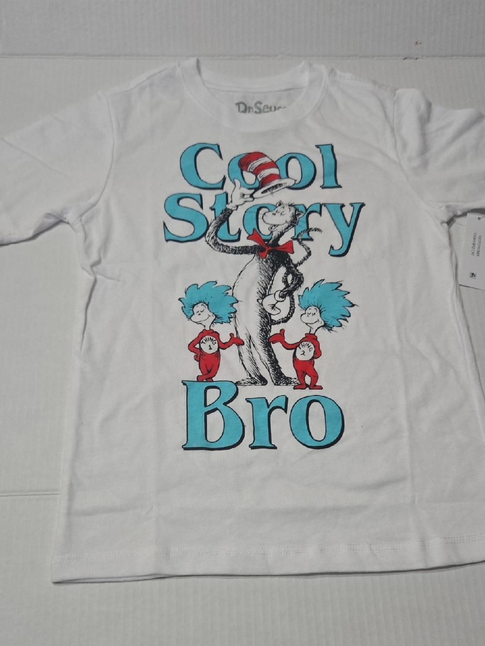 Dr. Seuss White Tee with Teal and Red 'Cool Story Bro' Graphic NWT SZ 6 7 Kids